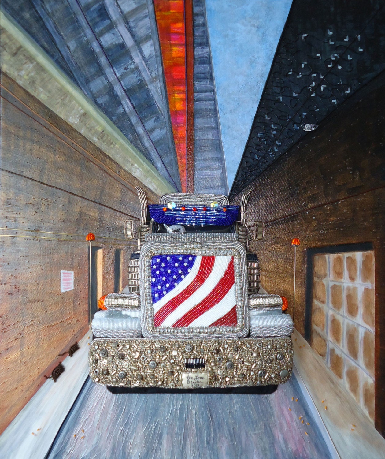 MAJESTIC American bulldog Peterbilt semi truck bead art painting: mixed media original art