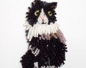 TUXEDO Black & White Beaded Longhaired Bicolor Cat Pin/ Pendant (Ready to ship)