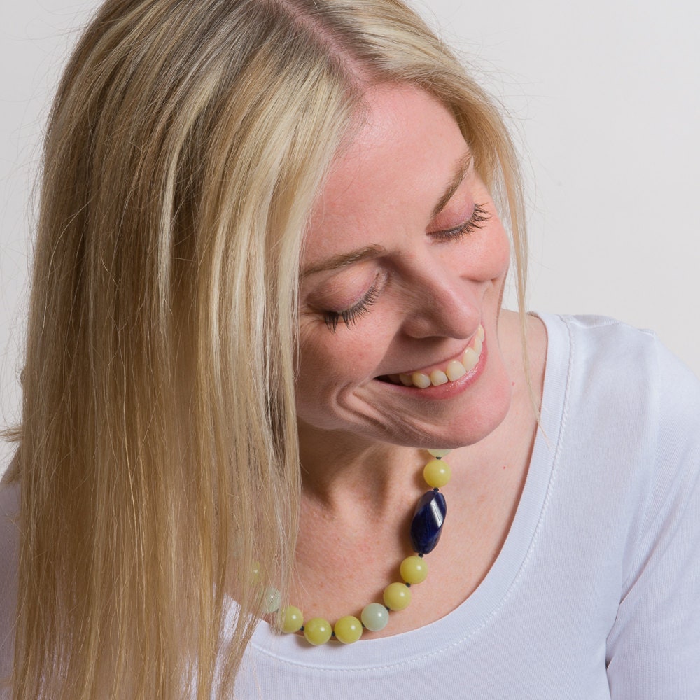 Lime, Sage, Mint, Dark Blue Necklace with Vintage Sodalite, Serpentine, Swarovski Crystal under 100 - Calm