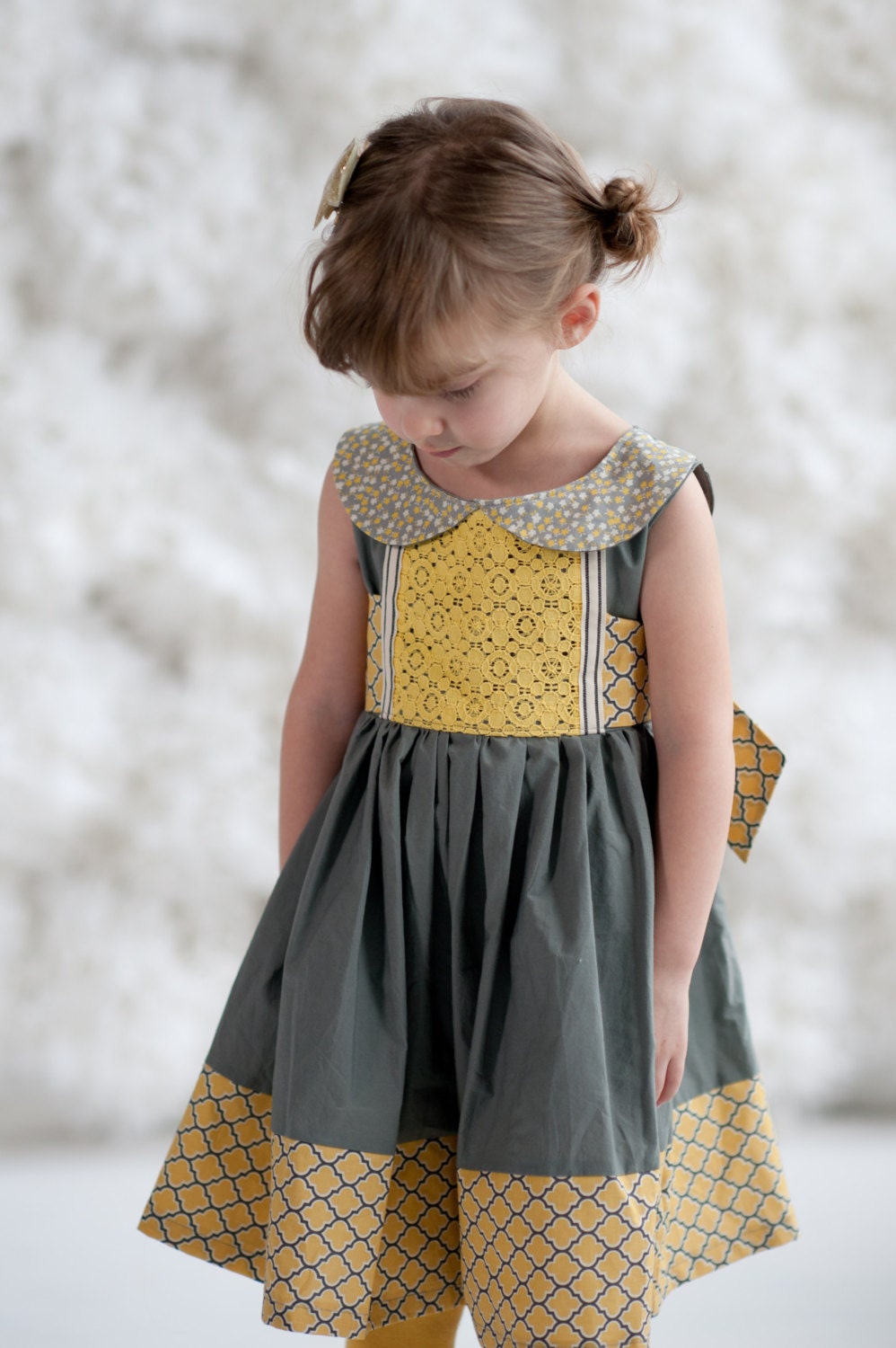 Limited Edition Girls Grey and Yellow Peter Pan Collar Party Dress- Mary Sunshine Sizes 12/18 through 14 - lillipopsdesigns