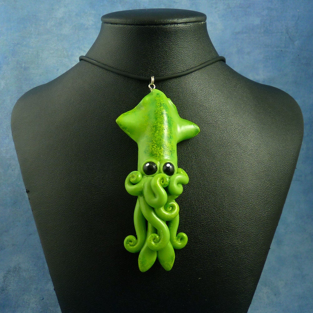 Green Moss Squid Necklace, Handmade Polymer Clay Jewelry