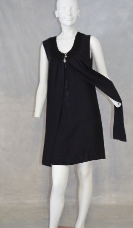 Vintage 1960s Mod Black Evening Dress. Sleeveless Keyhole and Sash Panels with Rhinetone and Crochet Accent.  Shift Style.  Bust 40