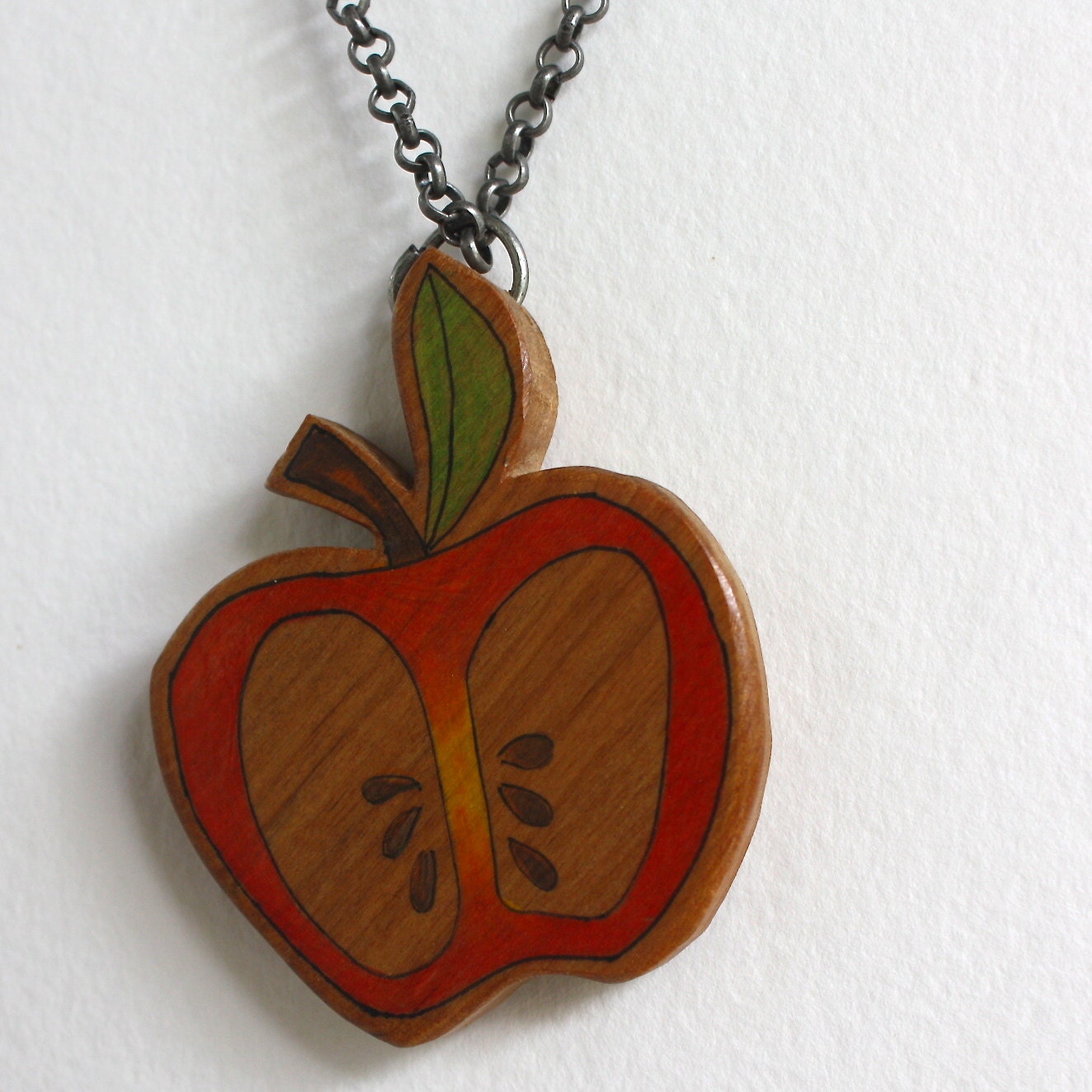 Illustrated Apple Wood Pendant Necklace - Eco Handcrafted