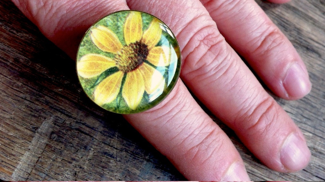 bright floral: repurposed vintage flower illustration adjustable antiqued brass filigree ring