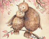 Under my Wing: Nursery Art Print - Children's Art - Owls - Home Decor - Forest - Autumn - leaves - 8 X 10