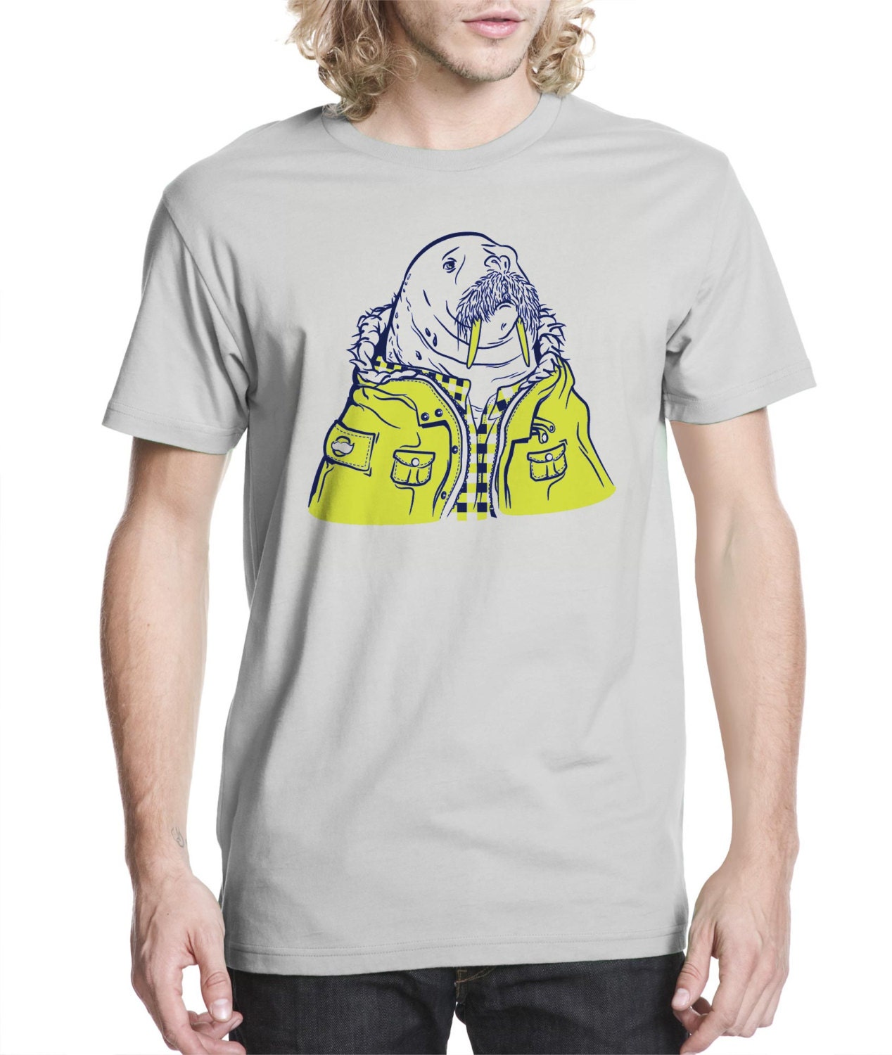 Mens Hipster Walrus TShirt, Mustache Shirt, Animal, Jacket, Penguin, Silver, American Apparel, S M L XL XXL