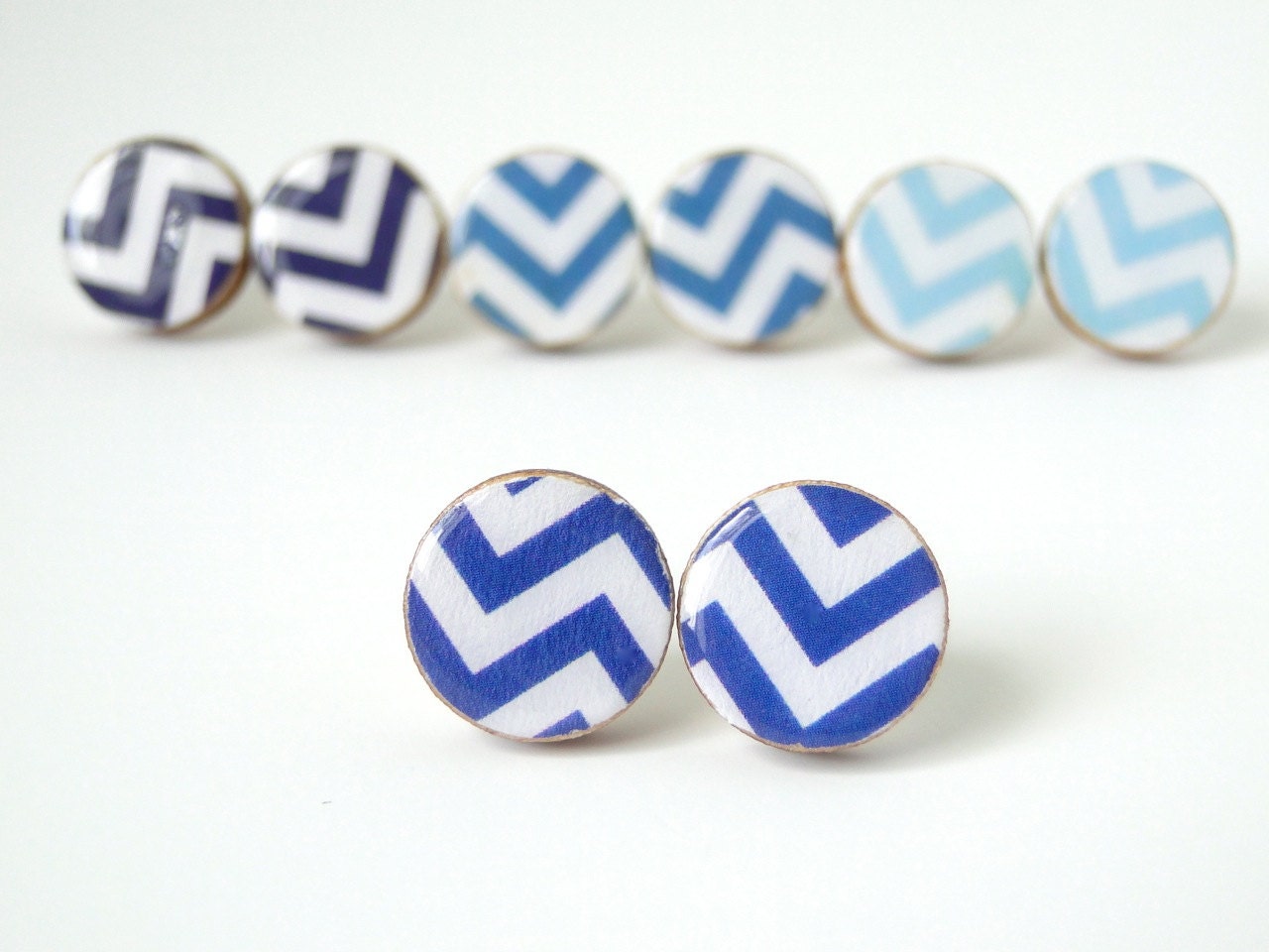 Cobalt Blue Chevron Earrings - Geometric Jewelry - Wood Earrings - Made to Order - Gift Under 10 - Turquoise Stud Earrings - Zig Zag