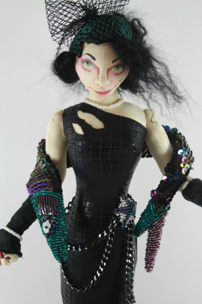 Cloth Art Doll - Fathoms the Deep Sea Mermaid OOAK Artist Made Soft Sculpture with red hair