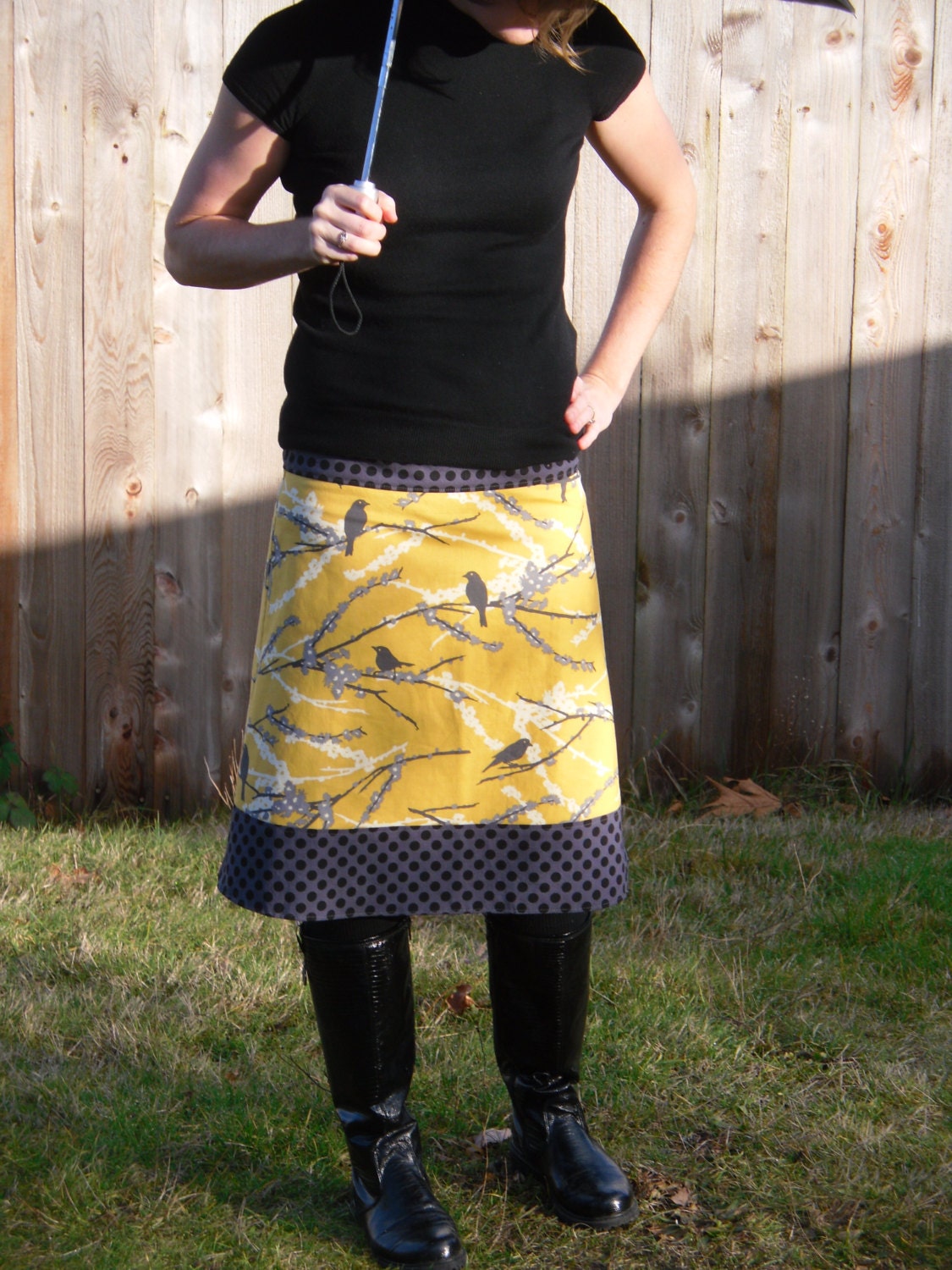 ViNtAgE mUsTaRd yEllOw SkiRt, GrAy, AnD bLaCk SkiRt, Sparrows and Dots, Joel Dewberry, Simple Drop Waist A-line size women's 2-24