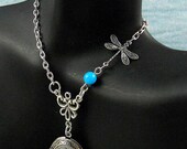 Turquoise Dragonfly, Silver Locket, Butterfly Cabochon,Weddings, Birthdays, Vintage Inspired Locket-   AQUA