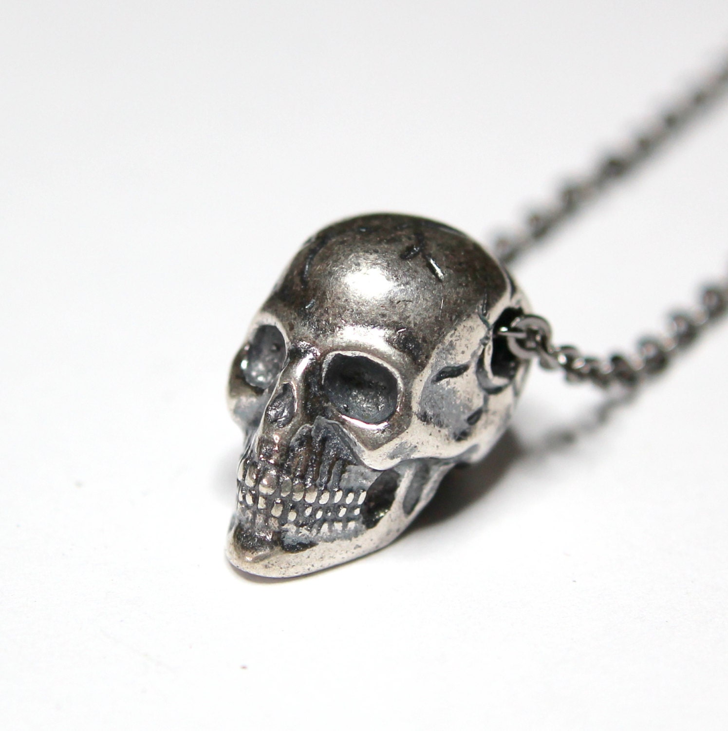 Human Skull Pendant Necklace Sterling Overlay on Solid White Bronze