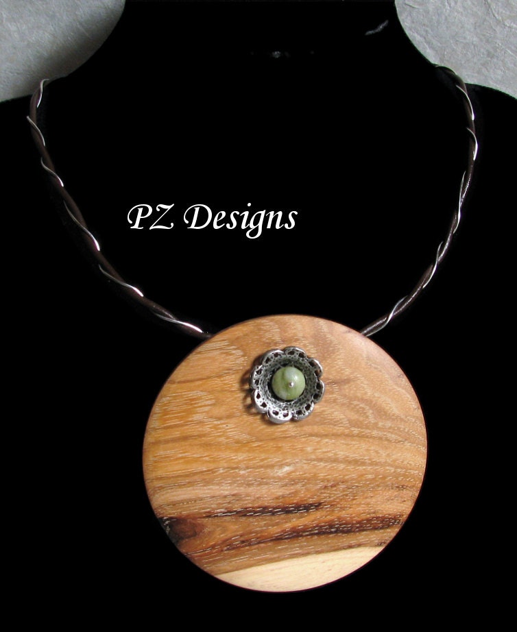 Hickory Wood Pendant on Leather Cord, Large (3 inches), Turned on Lathe, Green Silver Inlay