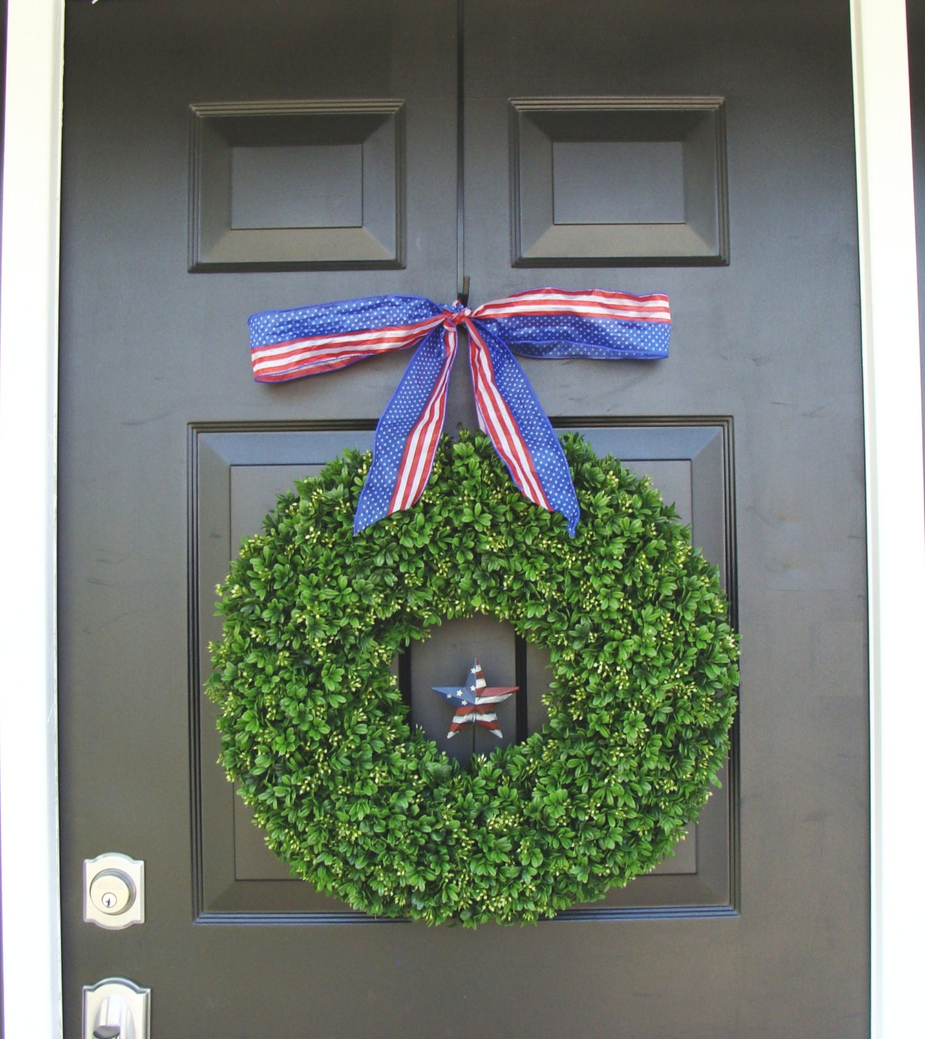 Memorial Day Wreath- Patriotic Wreath- American Flag Ribbon- Americana- Rustic Star Wreath- July 4th Wreath- Summer Wreath-  Boxwood Wreath