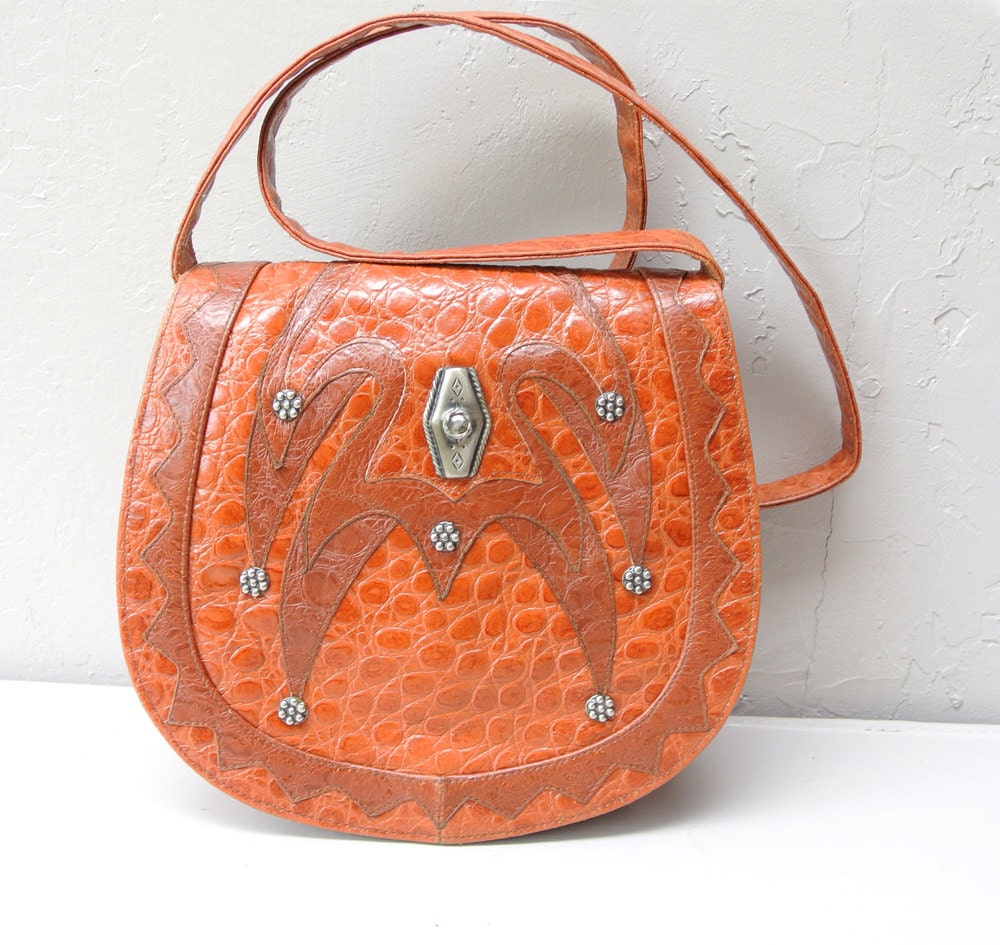 leather saddle bag / caramel tangerine equestrian purse / structured tote vintage cross body bag Festival satchel