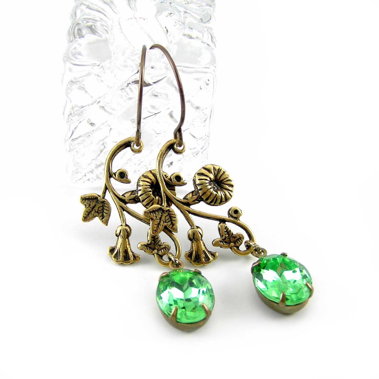 Vintage Style Flower Earrings, Peridot Green Rhinestones, Chandelier Earrings, Antiqued Brass, Spring Jewelry, Bridesmaids Gifts