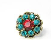 Rhinestone Cocktail Ring, Adjustable Brass Ring, Teal, Red, Statement Ring, Vintage Inspired, Metal Ring, Retro Glamour, Sparkley - lovelandshadetree