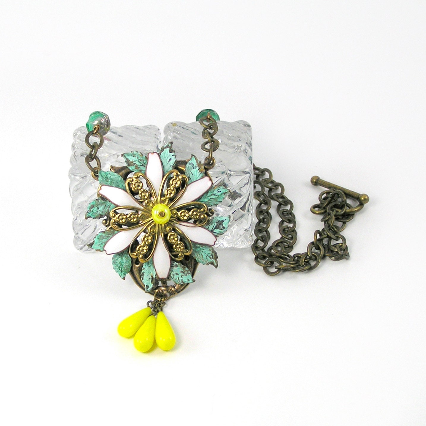 Spring Flower Necklace, Repurposed Vintage, Green Verdigris, Enamel, Yellow Beads, White, Beaded Chain, Antique Brass Chain, Spring Jewelry