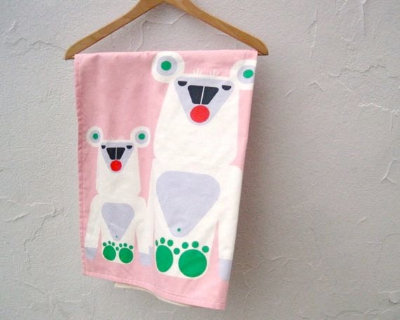 Polar Bear Baby BLANKET - Marimekko and Organic Flannel - Eco Friendly Kids Bedding in Pink, White and Green (Last One)