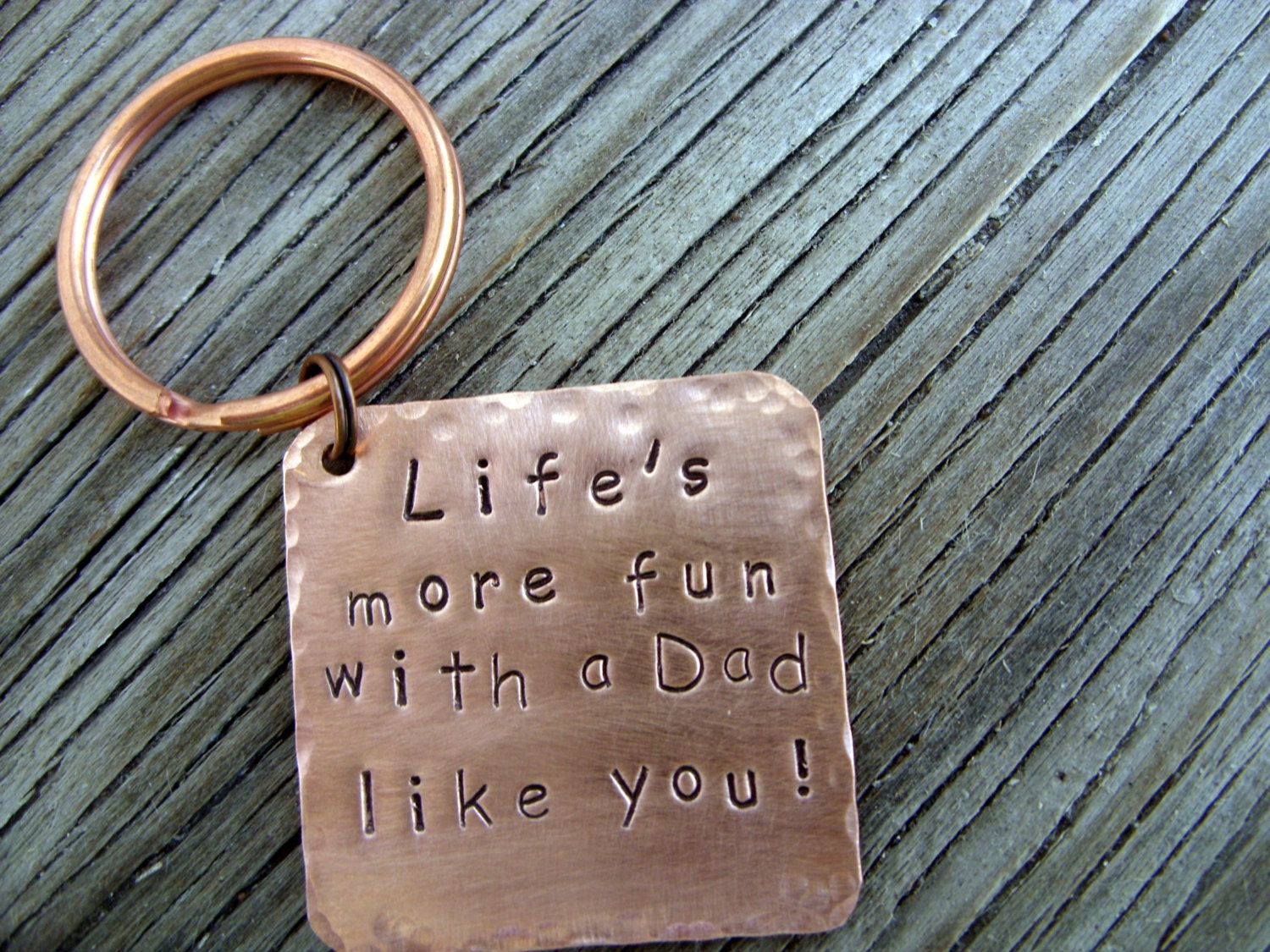 Hand stamped square copper rustic key chain- Lifes more fun with a dad like you- ready to ship gift