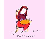 Secret Family- Cat Ink Drawing- Pink
