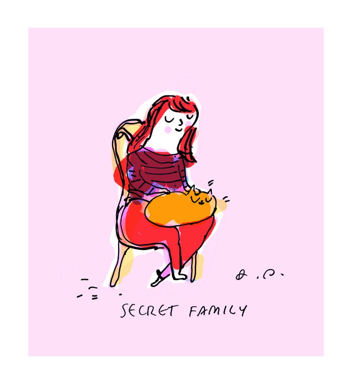 Secret Family- Cat Ink Drawing- Pink