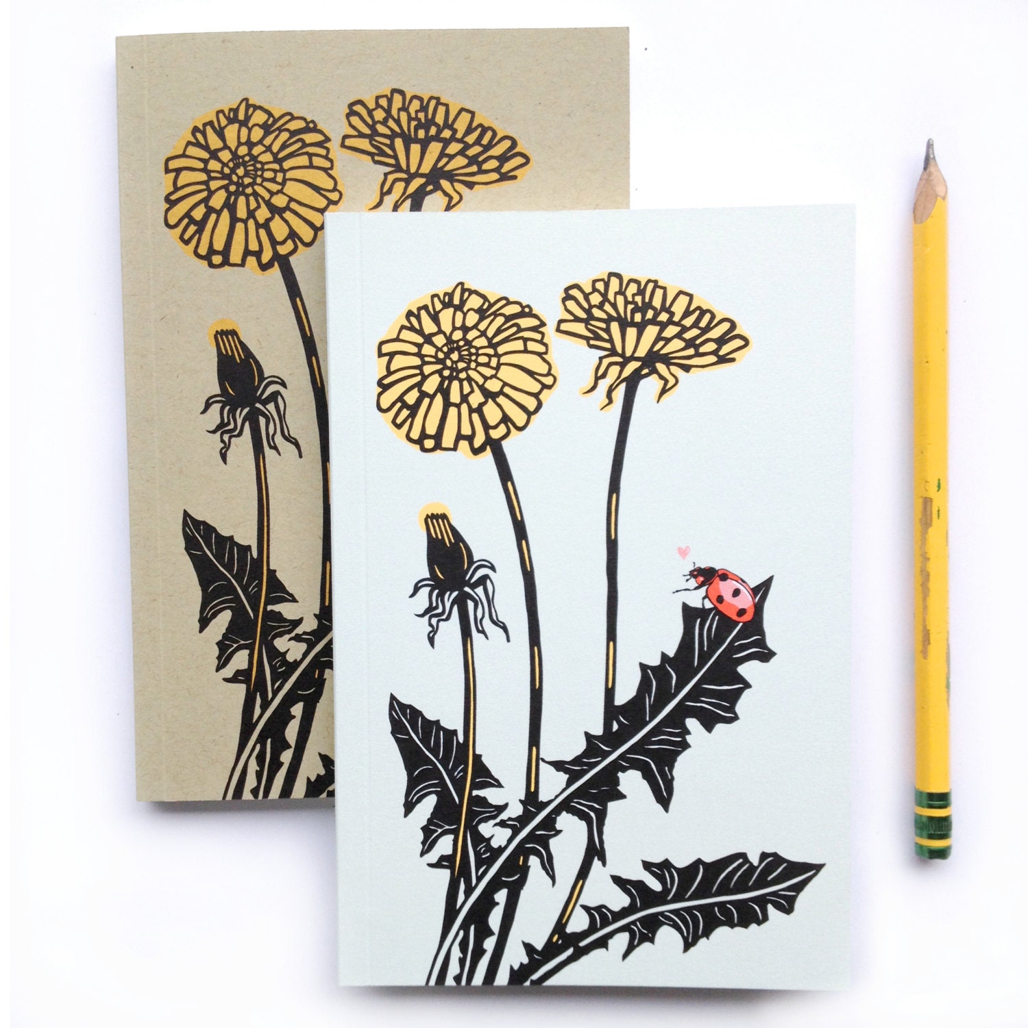 1 Small Mini Dandelion Journal, small blank sketch pocket book, ladybug love garden, original design, all recycled paper