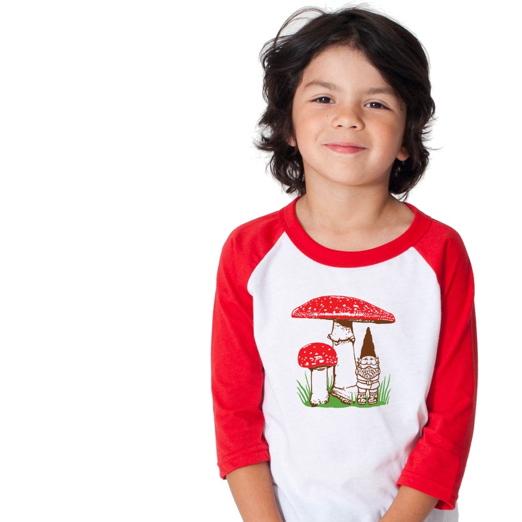 Kid's Gnome Mushroom raglan shirt, red and white long sleeve, spring summer woodland design, infant toddler children t-shirt