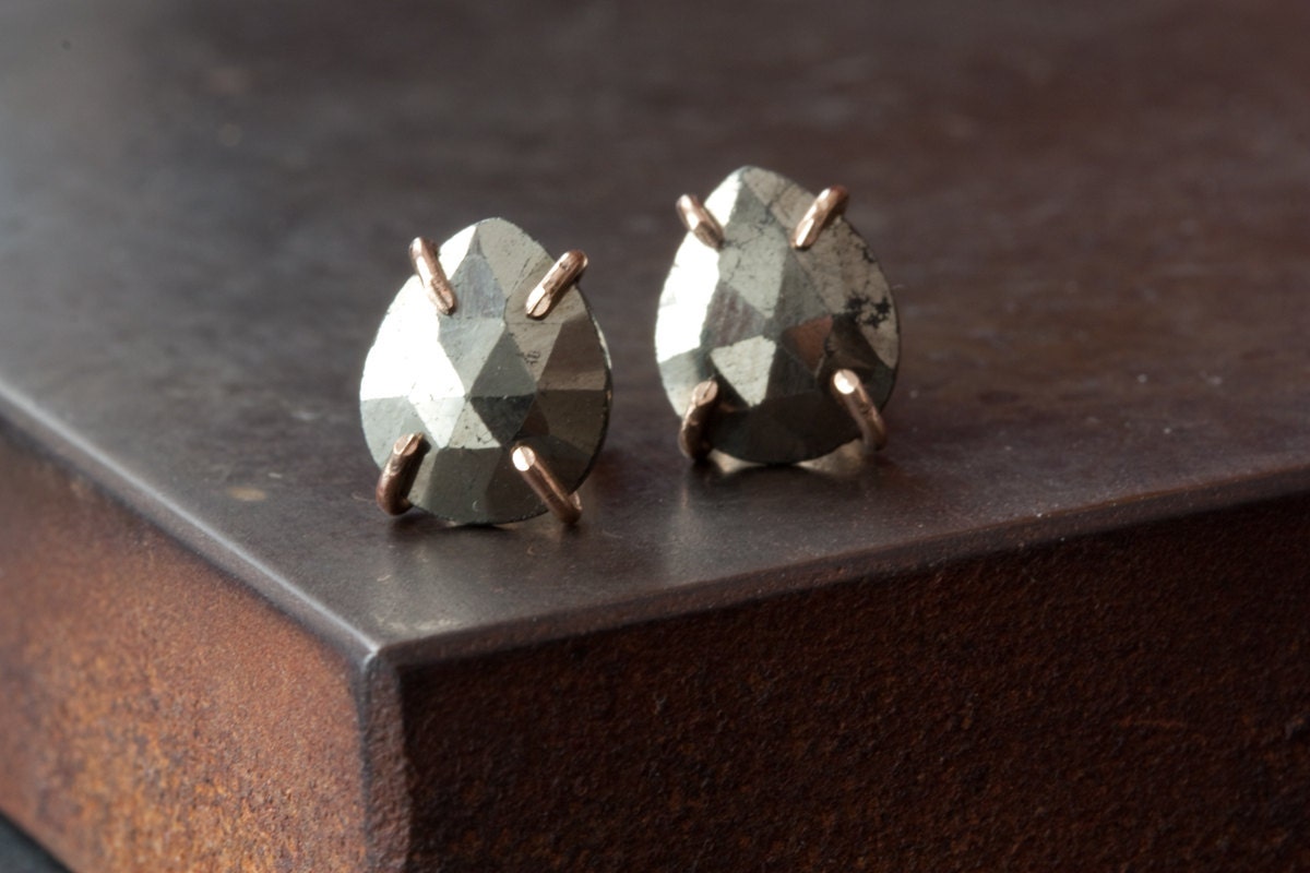 Faceted Iron Pyrite Stud Earrings in 14kt Gold
