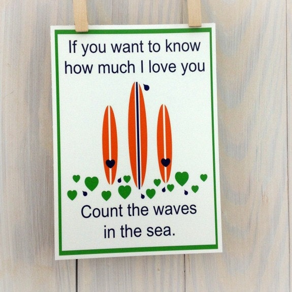 Children surfboard art print, beach, surf nursery decor, baby boy, orange, green, navy blue, 8x10 by Cathie Carlson