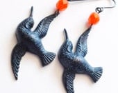 Hummingbird Earrings Antiqued Brass Bird Orange Glass Beads Victorian Jewelry