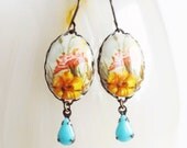 Floral Cameo Earrings Vintage Glass Cabochons Yellow Pink Blue Spring Jewelry