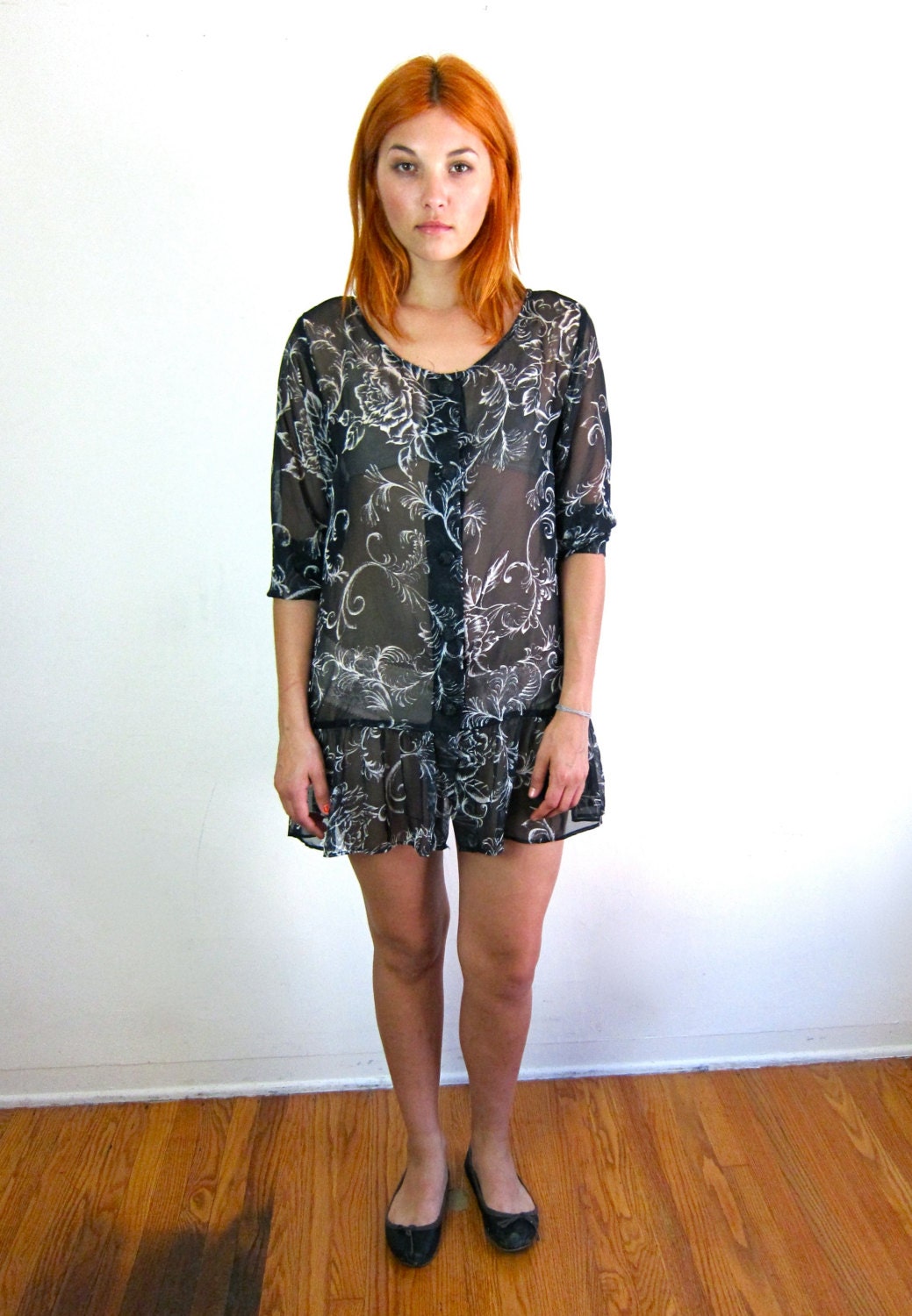 Black and White Sheer Floral 80's Dress