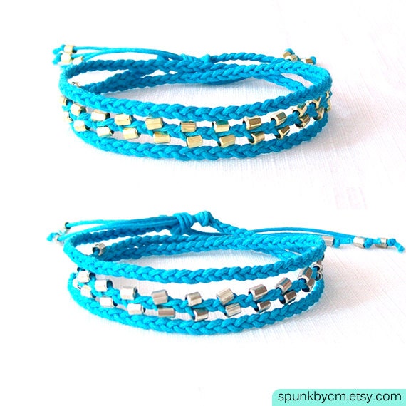 Braided Cotton Cord with Brass Triple Wrap Bracelet - Gold, Silver, Turquoise - Set of 2