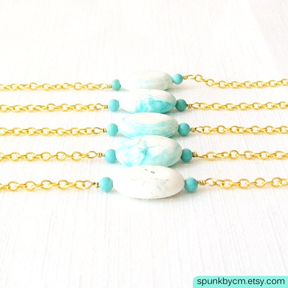 Turquoise, White Magnesite Gold Chain Minimalist Bracelet - Marbled Oval