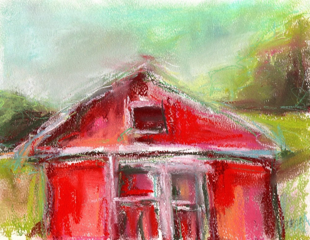 Red Barn Pastel Abstract Painting Original Pastel 8 x 10 Original Drawing on Watercolor Paper