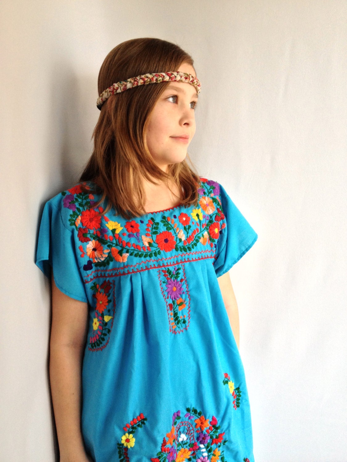 Vintage Sky Blue Mexican Embroidered hippie dress cotton