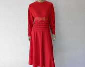 Vintage Wool Dress, 80's Red Wool Dolmen Sleeve Snake Skin Trimmed Dress, Pin Tucked Waist, Designer Francesac of Damon Wool Dress