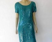 Vintage Silk Evening Dress, 80's Emerald Green Silk Sequin Cocktail Dress, Sequin Trophy Dress, Emerald Green Sequin Party Dress