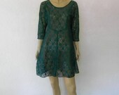 Vintage 80's Lace Grunge Dress, Bohemain Sheer Floral Lace Mini  Dress, Emerald Green Lace Grunge Bohemian Dress