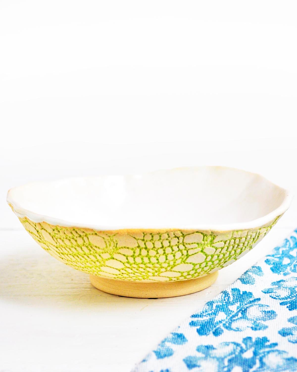 sculptural Ceramic Bowl Textured Lace Serving Bowl in Satin White and Chartreuse handmade stoneware