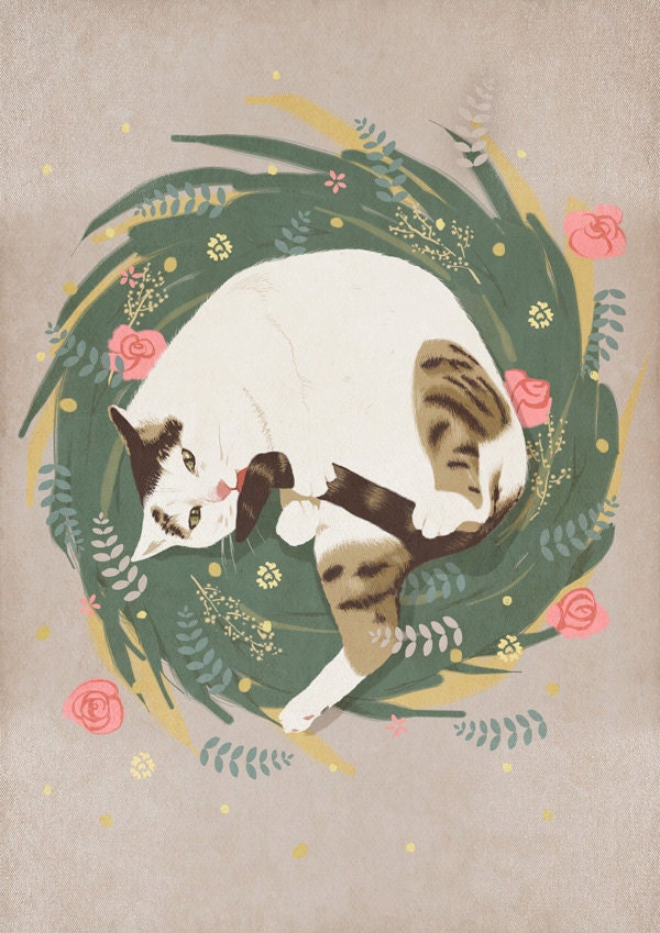 Cat grooming cute illustration - print 8 x 11.5