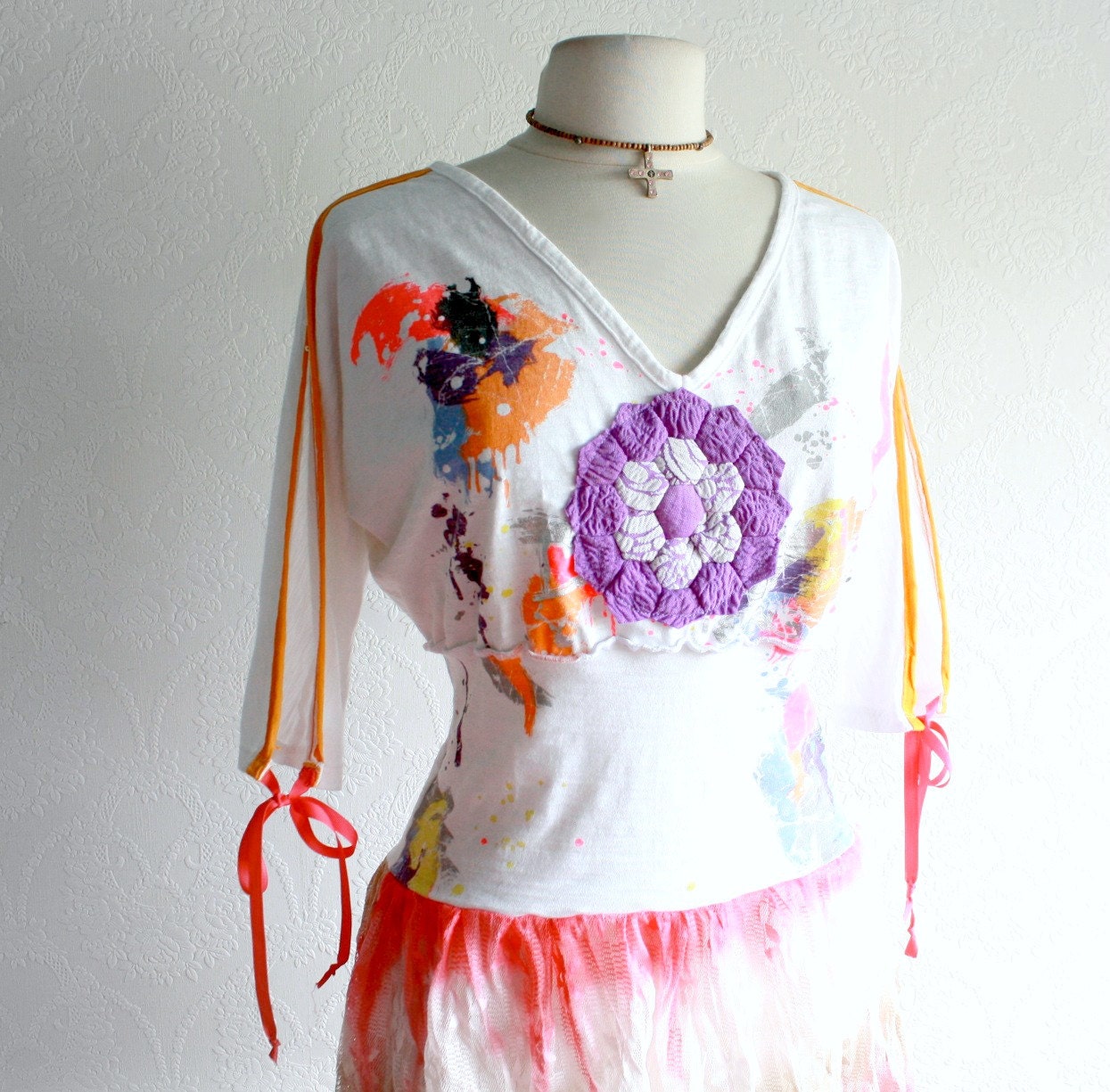 Neon Pink 80's Style Upcycled Top Retro Clothing Eco Women's Wear White V-Neck Shirt Slit Sleeves Recycled Clothes Small 'GRETA'