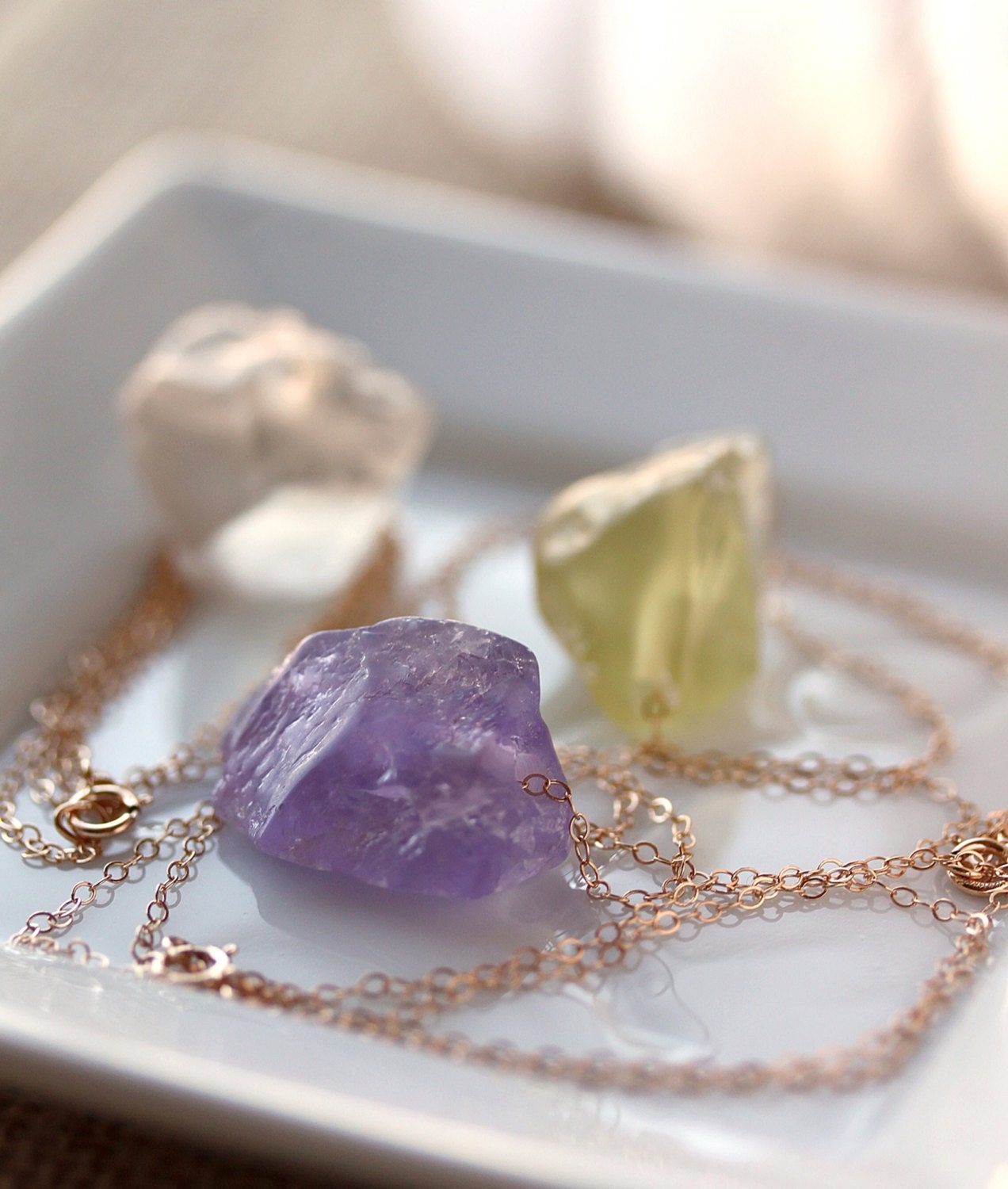 Raw Gemstone and Gold Necklace, Rough Gemstone, Amethyst,Citrine,Prehnite,rock crystal,Handmade Jewelry,Gift for her