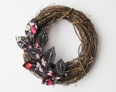 Fabric Leaf Wreath - Valentine's Day Love Birds Black White Red Pink Grey Door Decor Gift Idea
