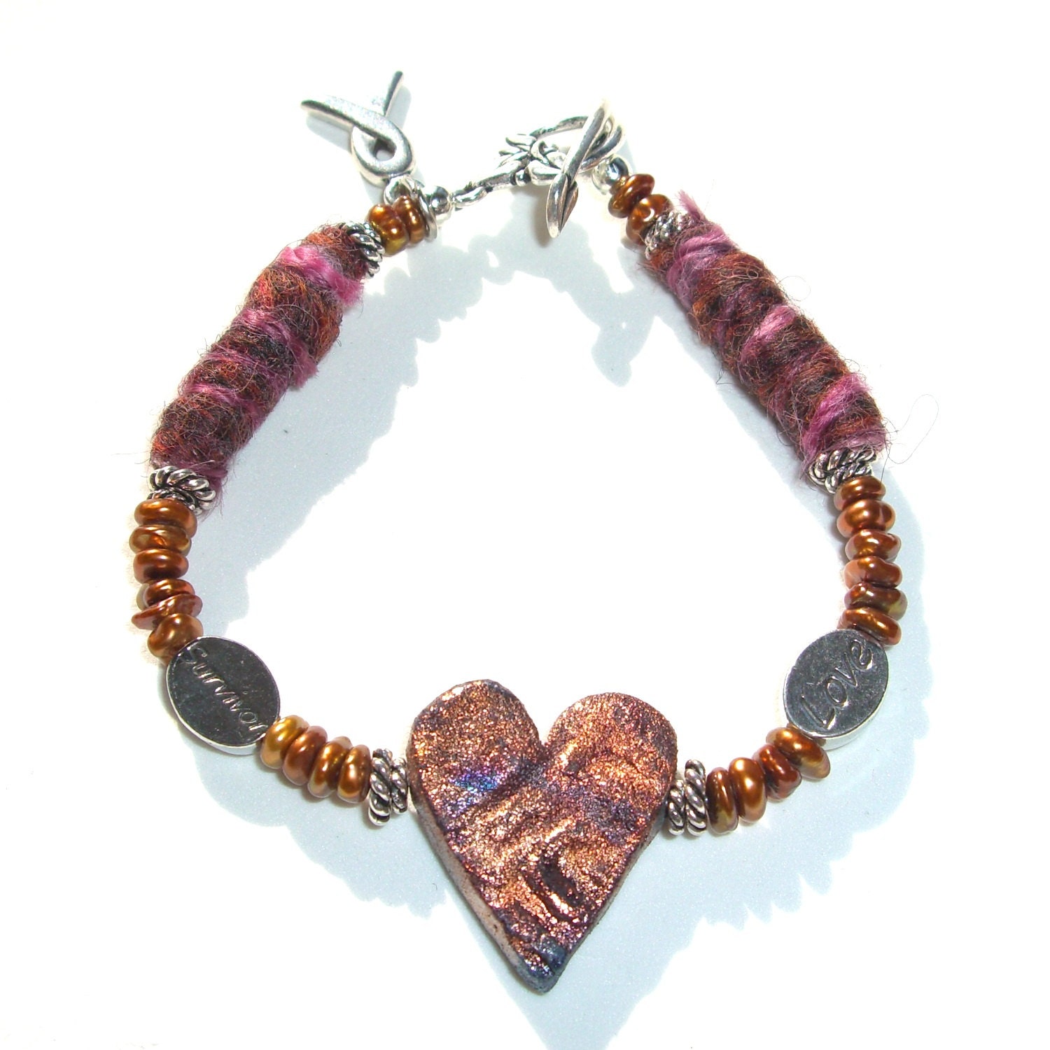 Fiber Bracelet, Heart Bracelet, Breast Cancer, Survivor Jewelry, Raku Ceramic