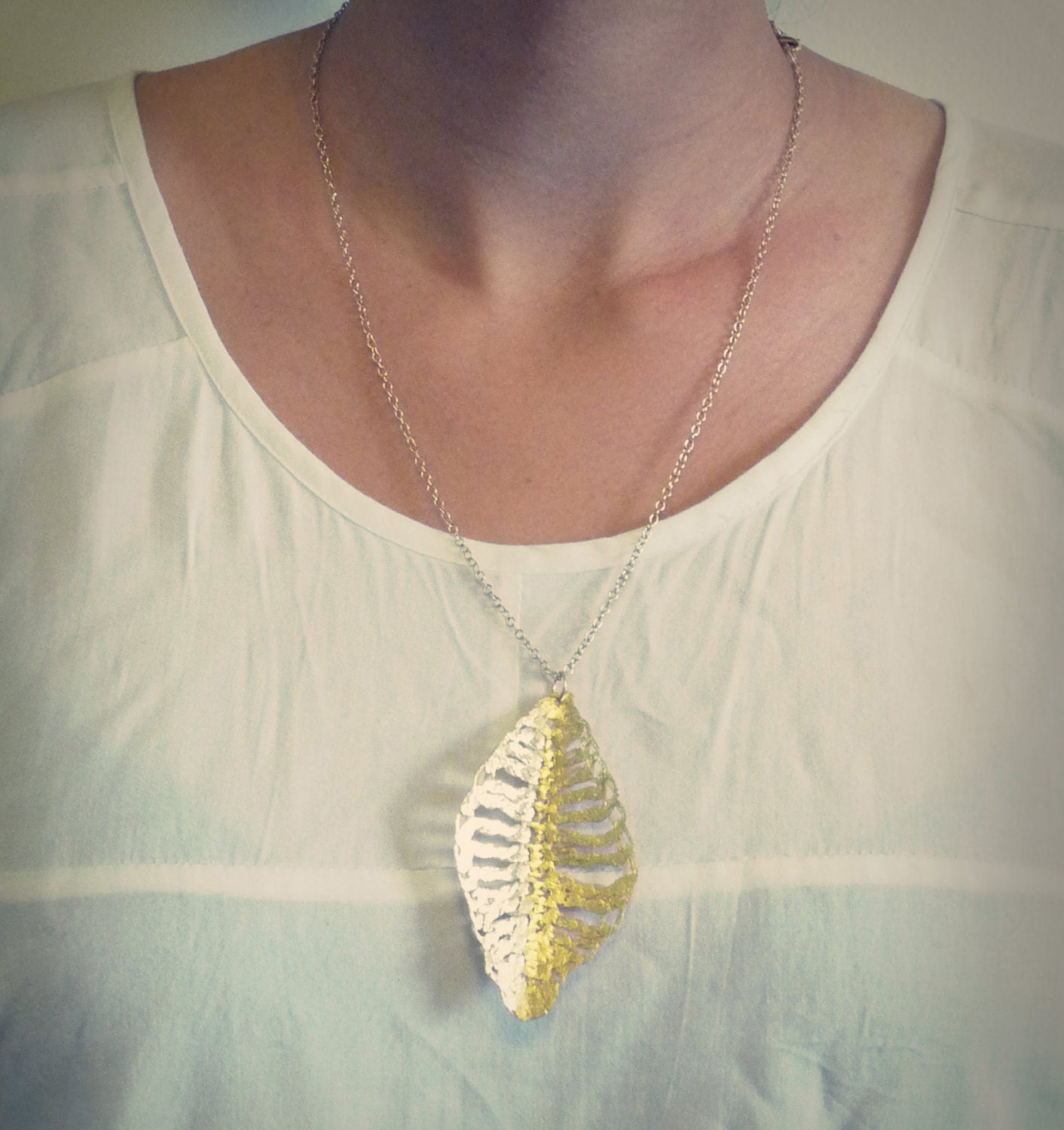 Crochet golden leaf pendant necklace -24K gold plated chain, gold filled Closures