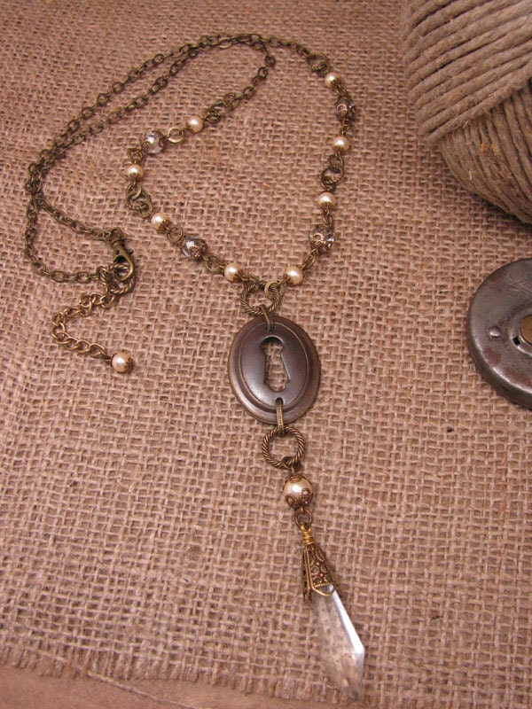 Upcycled Jewelry - Vintage Inspired Keyhole Escutcheon with Authentic Chandelier Crystal, Clear and Creamy Swarovski Beadwork