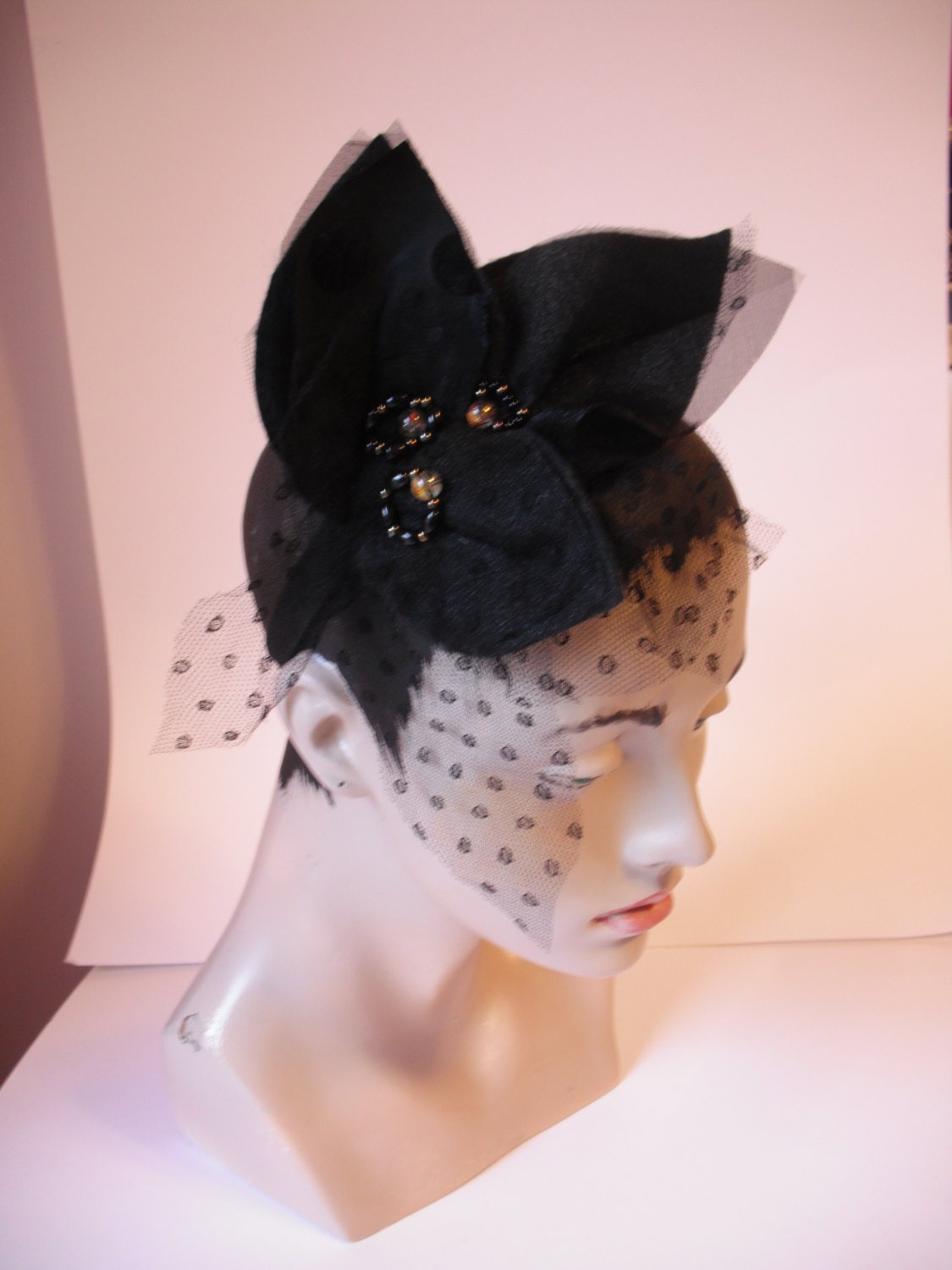 Black layered Leaves Headpiece, Fabric Leaves and Gold Beaded Fascinator, Black evening Headband