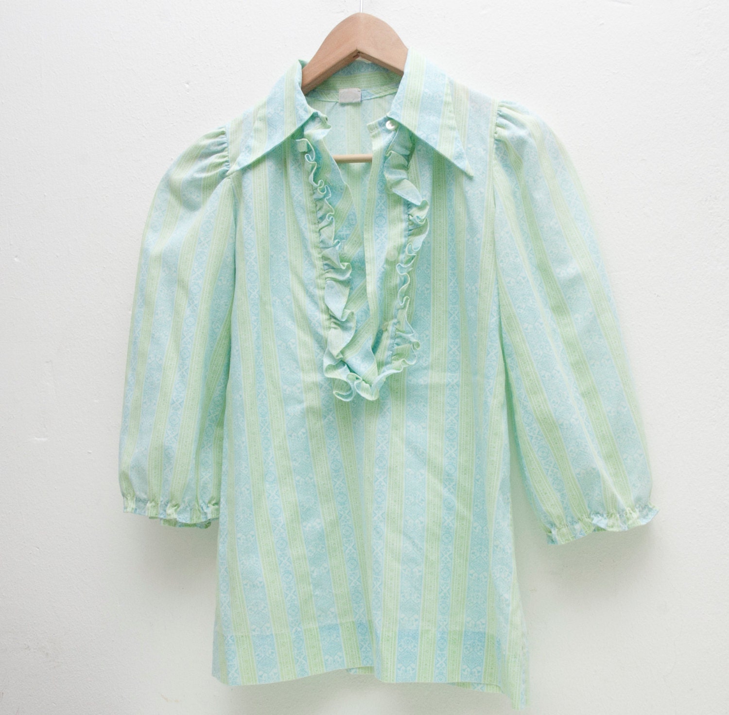 Breezy Cotton Blouse Mint Green Aqua Ruffles Light AIry Summer Top