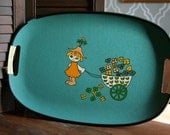 Quirky Mid Century Serving Tray, Girl with Flower Cart Blue Tray, Serving Platter